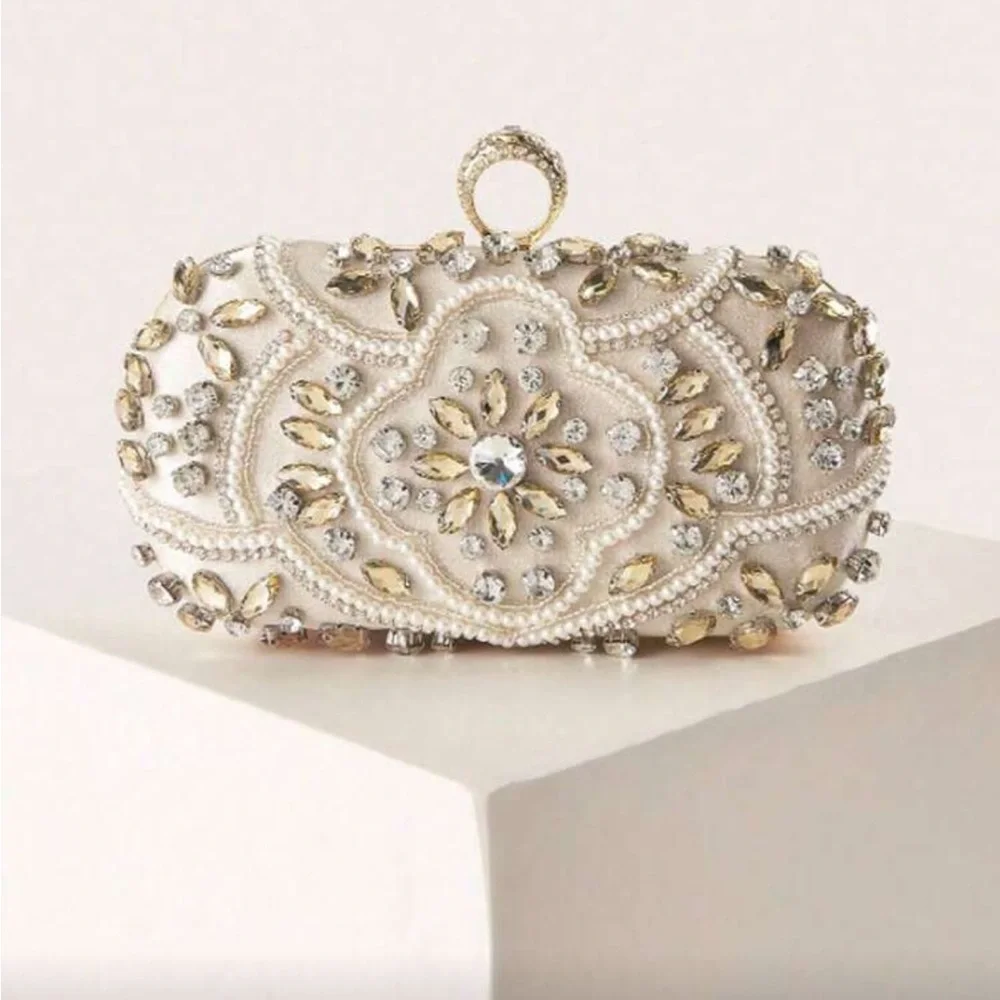 Elegant Cream and Gold Embellished Clutch